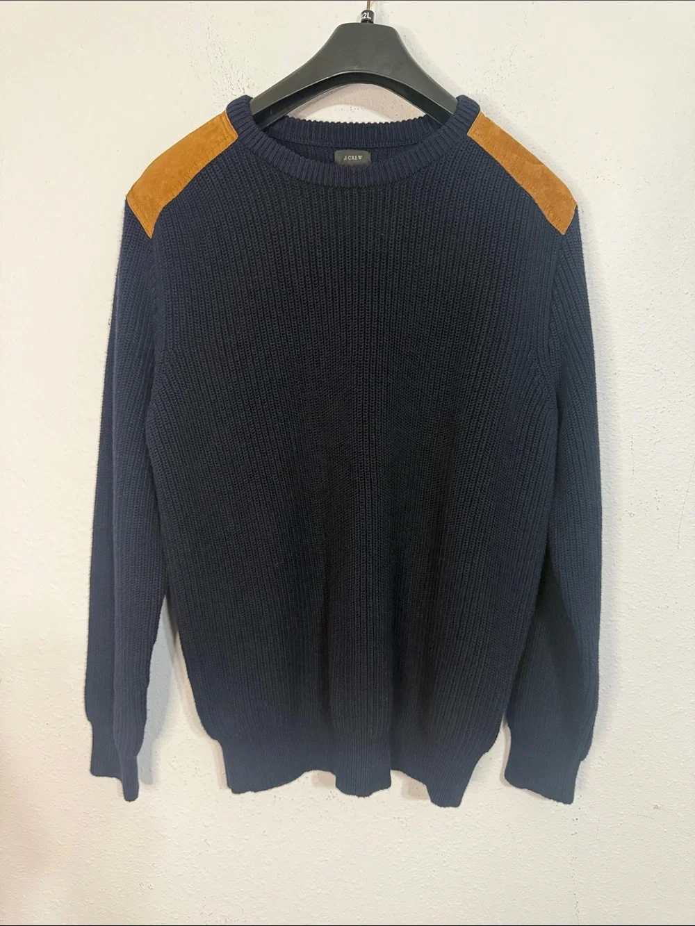 J. Crew Men Navy Crewneck Sweater with Tan Shoulder Patches Size Large
